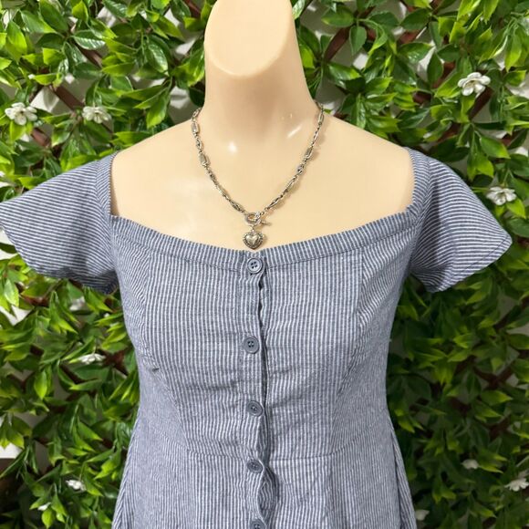 Cottagecore Dream: Off-The-Shoulder Pinstripe Blue Dress With Pockets - Picture 2 of 7